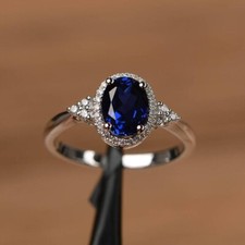 1.50Ct Oval Cut Lab-Created Blue Sapphire Engagement Ring 14K White Gold Plated