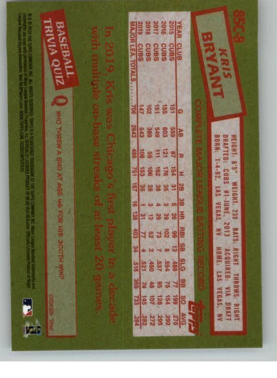 2020 Topps '85 Topps Silver Pack Chrome #85C8 Kris Bryant (ref 132850) - Image 2 of 2