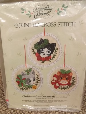 Kit Point De Croix Vintage 1985 - 3 Chats Chatons - Ornements De Noël - Neuf