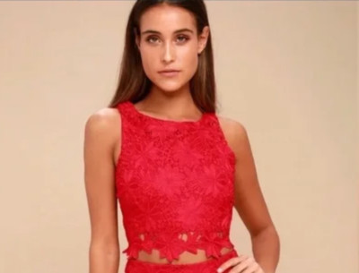LULUS Look at Me Wow Red Floral Lace Cropped Top Size M