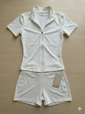 Womens 2 Piece Set White Zip Crop Top High Waist Shorts Activewear Gym Yoga S-L