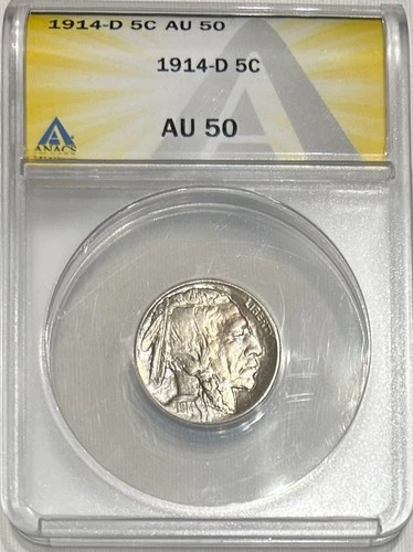1914-D 5c Buffalo Nickel - ANACS AU 50 - Semi Key Date!