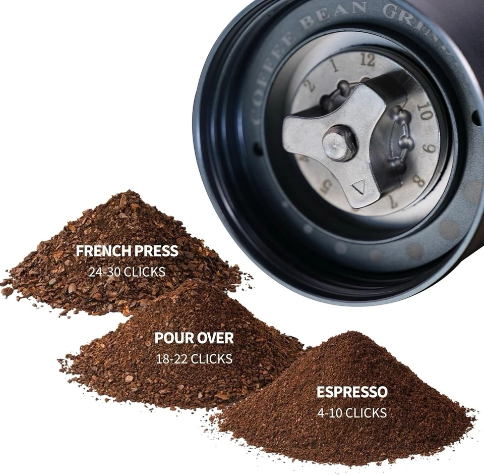 Molinillo de café manual 6 rebabas CNC420 acero, tarro de vidrio, tamaño de viaje, plateado Foto 4 de 4