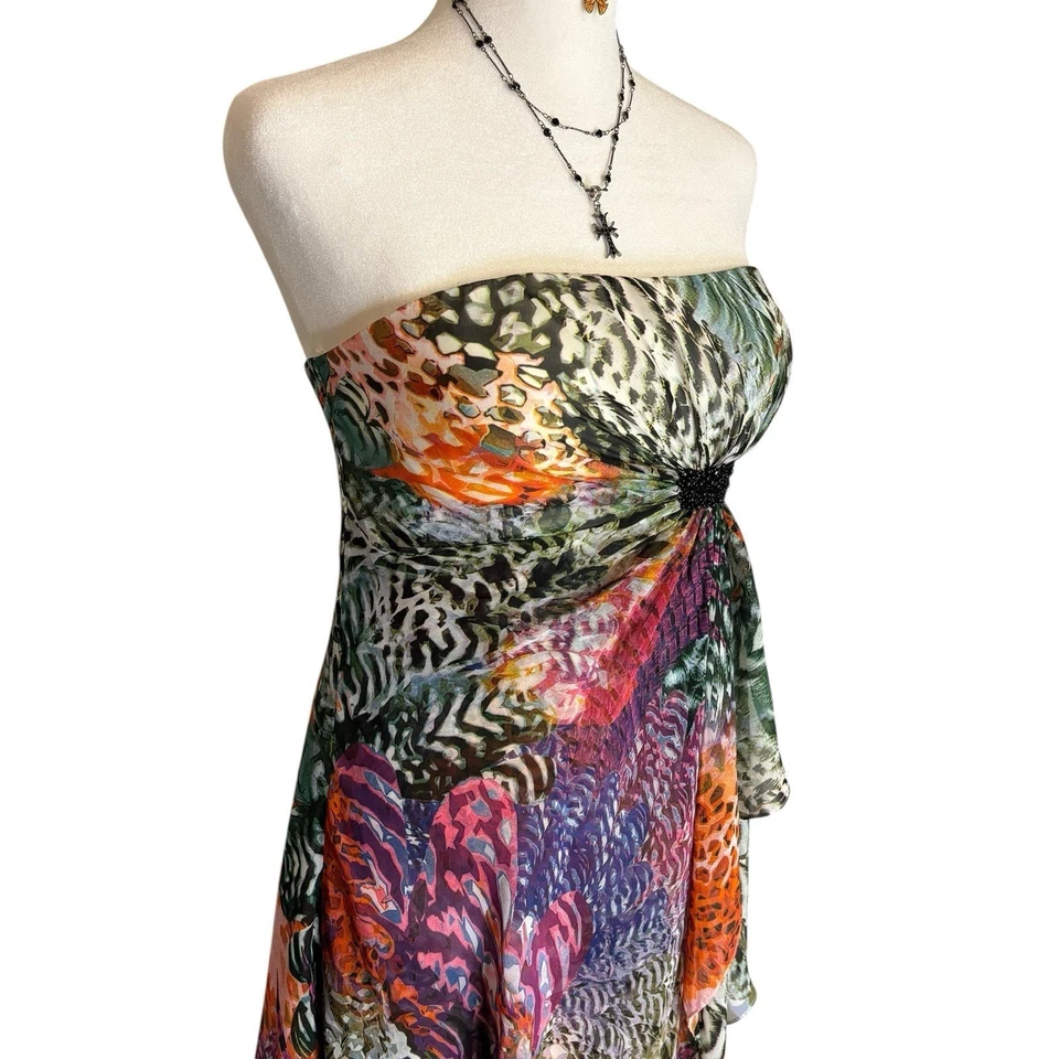Y2K Aqua Strapless Dress Sz 8 Animal Print Asymmetrical Hem Embellished Flowy - image 4 of 4
