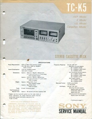 Sony TC-K5 Stereo Cassette Deck Service Manual w/Revision + User Instructions