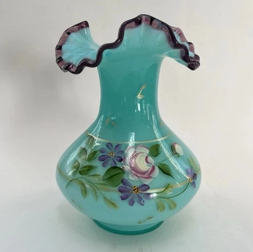 Fenton Robin Egg Blue / Teal Ruffled Edge Flower Vase Signed George Fenton