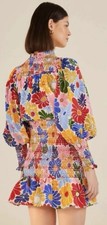 Farm Rio Sunny Daisies Smocked Ruffle-Trim Puff Long Sleeve Mini Dress XS