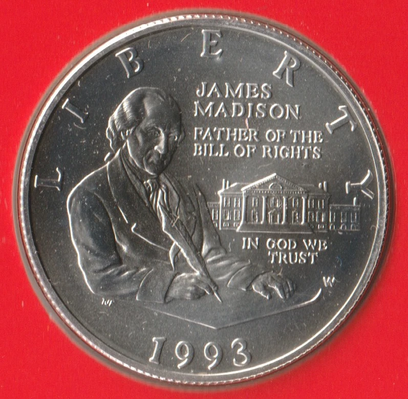 SILVER 1/2 DOLLAR WEST POINT JAMES MADISON 1993 W BILL OF RIGHT COMMEM MEDAL SET - Image 3 of 4
