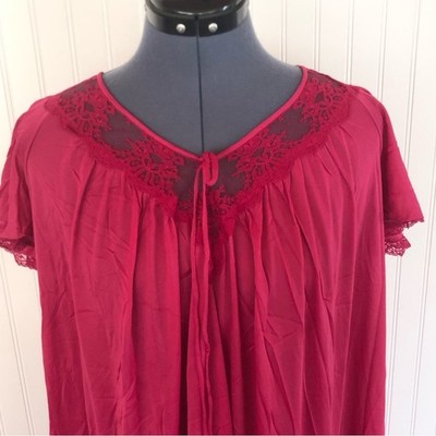 Vintage Pink Nightgown Silky Satin Lace Fuchsia Magenta Short Sleeve 70s 80s