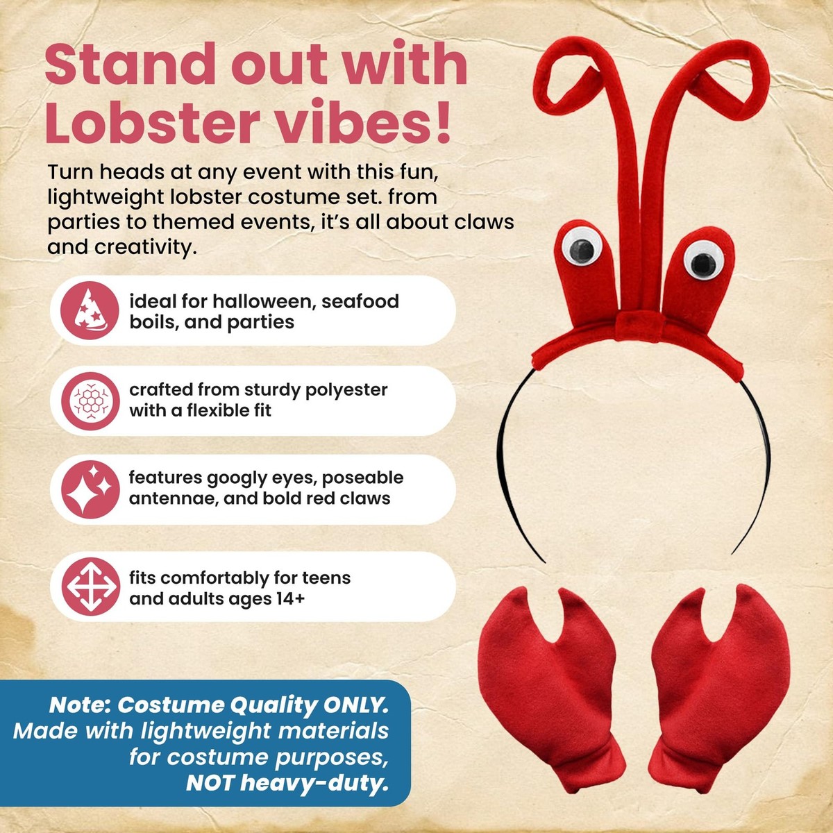 Lobster Headpiece Eyeballs Crab Claws Gloves Headband Kit