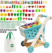 Kids Shopping Cart Playset with 76 Food Toys Pretend Grocery Store for Ages 3