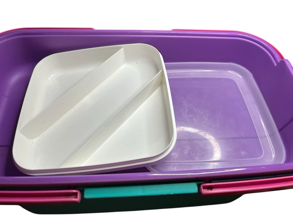 Vtg Eagle Craftstor Craft Sew Tote Organizer W/Tray Teal Pink Purple Retro USA - Image 4 of 4