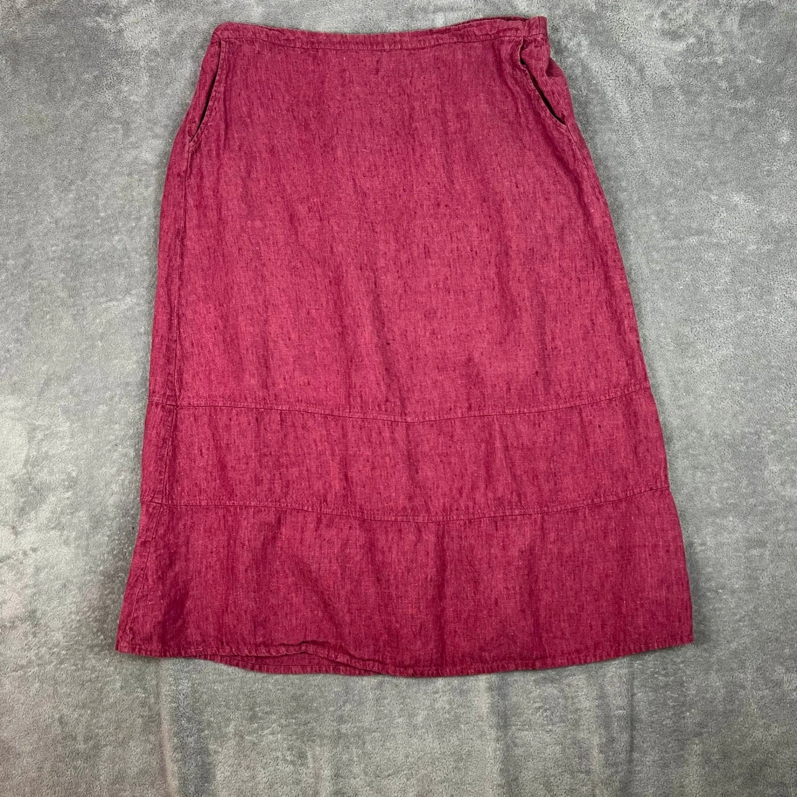 FLAX 100% Linen Natural Midi Skirt Women's L Dark Pink A-Line Elastic Waist