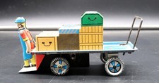 Vintage Baggage Train Cart Worker Tin Litho Wind Up Toy Needs a Key Nice Color