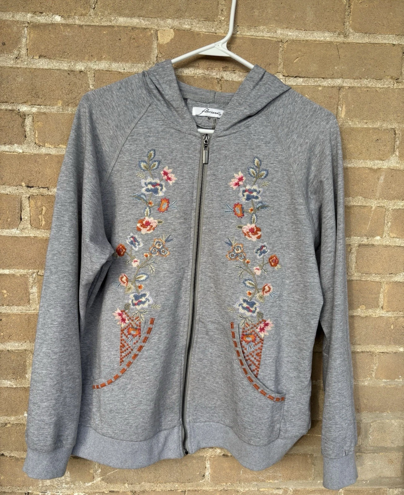 Floriana Hooded Zip up Gray Sweatshirt with Colorful Floral Embroidery - Size M