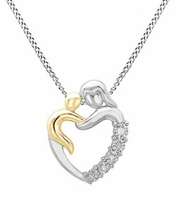 Authentic Mother & Child Heart Pendant Natural Diamond 14k Two Tone Gold Plated Silver