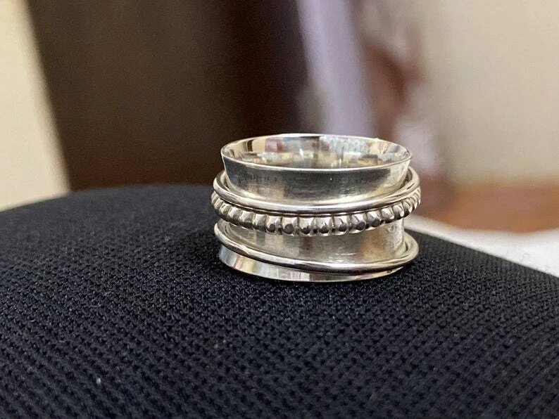 Handmade Sterling Silver Concave Ring with bead spinner