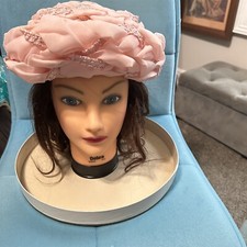 Vintage Women's Hat Pink Straw Chiffon Woven Church