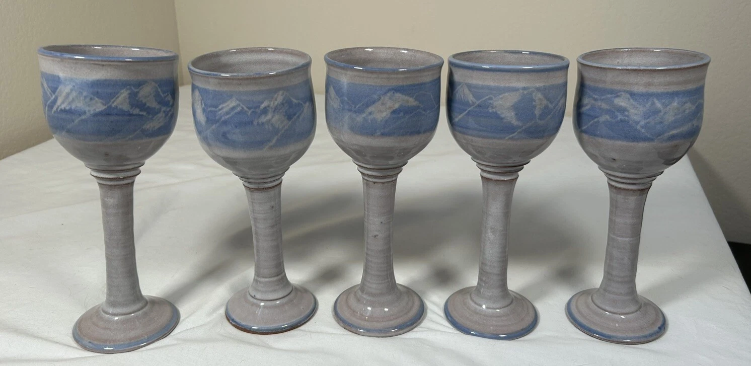 5 Vtg. Studio Art Pottery Chalice Wine Goblets Mountains Design 8.25” Signed