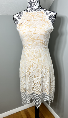 DEARCASE Bodycon Dress White Lace Overlay Backless Straps Cocktail Size L Beige DEARCASE Bodycon Dress White Lace Overlay Backless Straps Cocktail Size L Beige