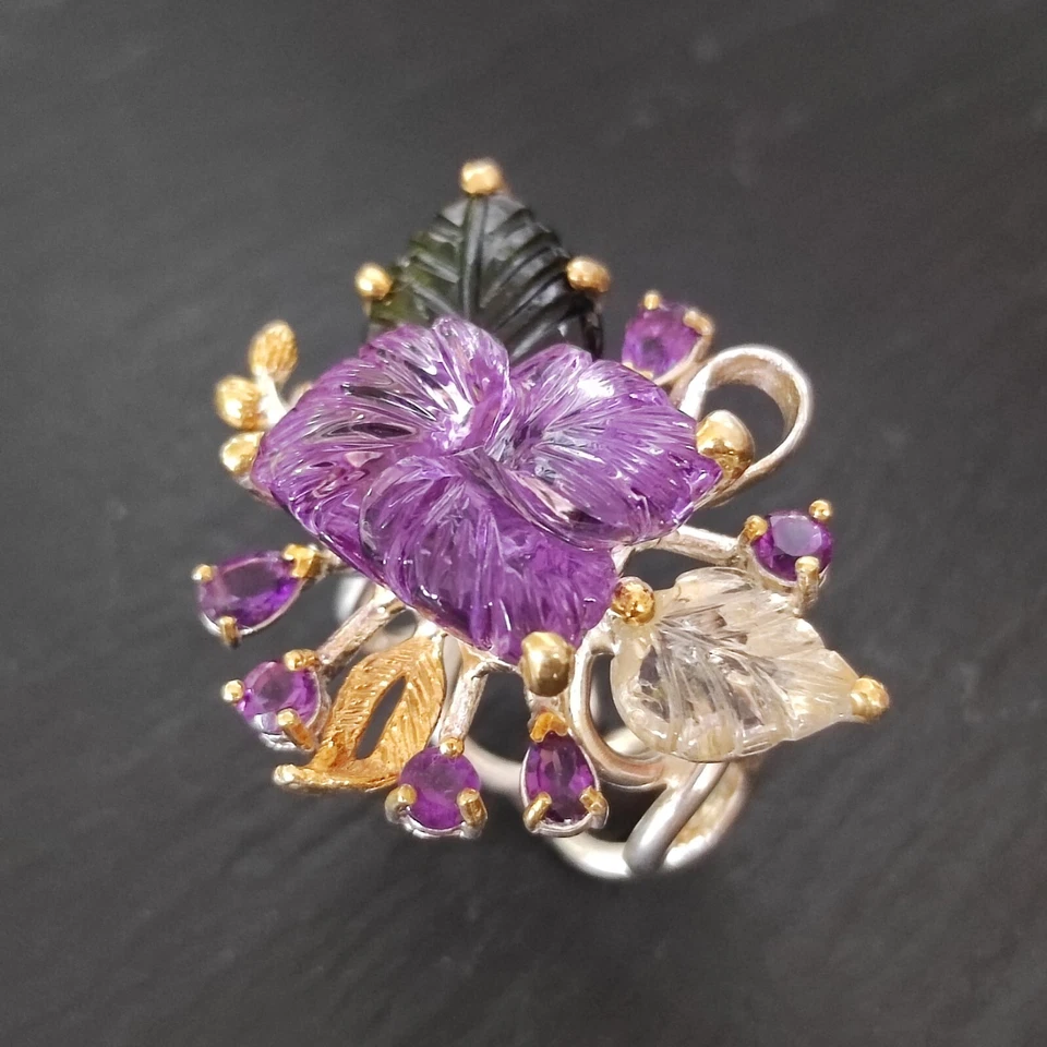 Amethyst Blumen Ring 925 Sterlingsilber Handarbeit geschnitzt Größe 60 R2013 - Bild 4 von 4