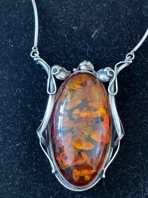Vintage marked 925 sterling silver necklace and large Baltic Amber
