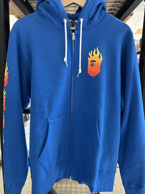BAPE A Bathing Ape FLAME Fire Logo Zip up hoodie Sz L Blue | eBay