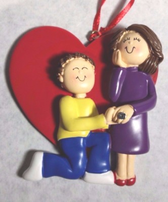 Personalized Marry Me Engaged Heart Couple Brown Hair Christmas Ornament 