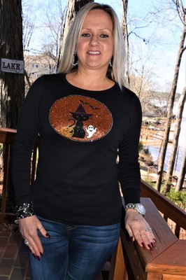 Halloween glitter & rhinestone black witch cat long sleeved shirt sz XS & 4X