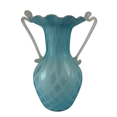 Antique Mount Washington Blue Diamond Quilted Satin Glass Handled Vase 10 