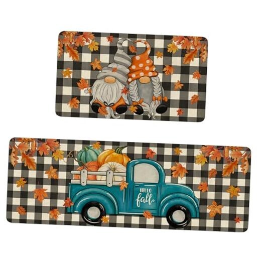 Fall Kitchen Rugs Set of 2, Pumpkin Truck Gnomes Kitchen Fall-truck Gnomes