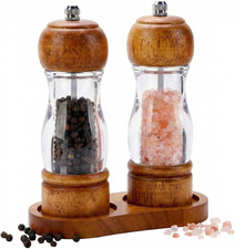 Salt and Pepper Grinder Set Wood and Acrylic - 6.3 Inch Oak Pepper Mill with Vis