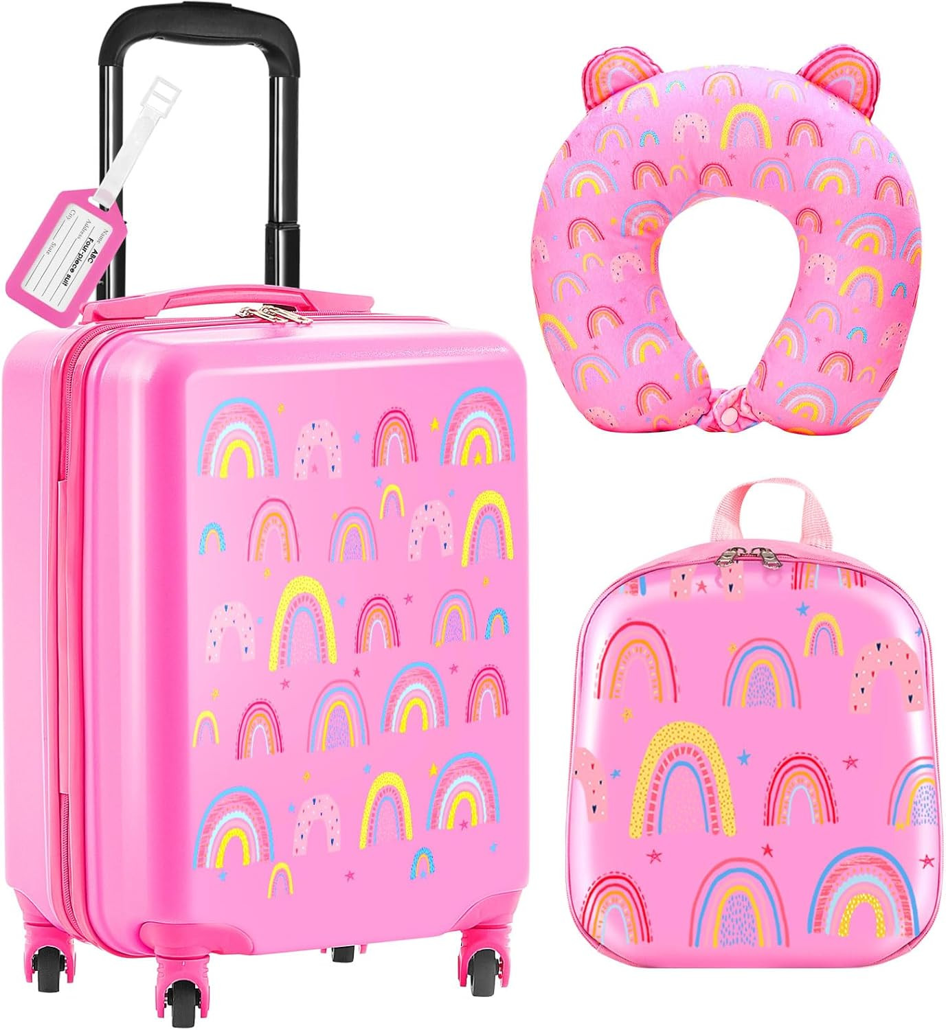 Set - Rolling Suitcase, Backpack & Neck Pillow, Pink Rainbo