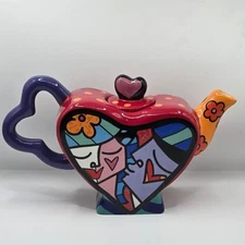 Romero Britto Pop Art Heart Teapot Mini 2010 Abstract Purple Kiss EUC