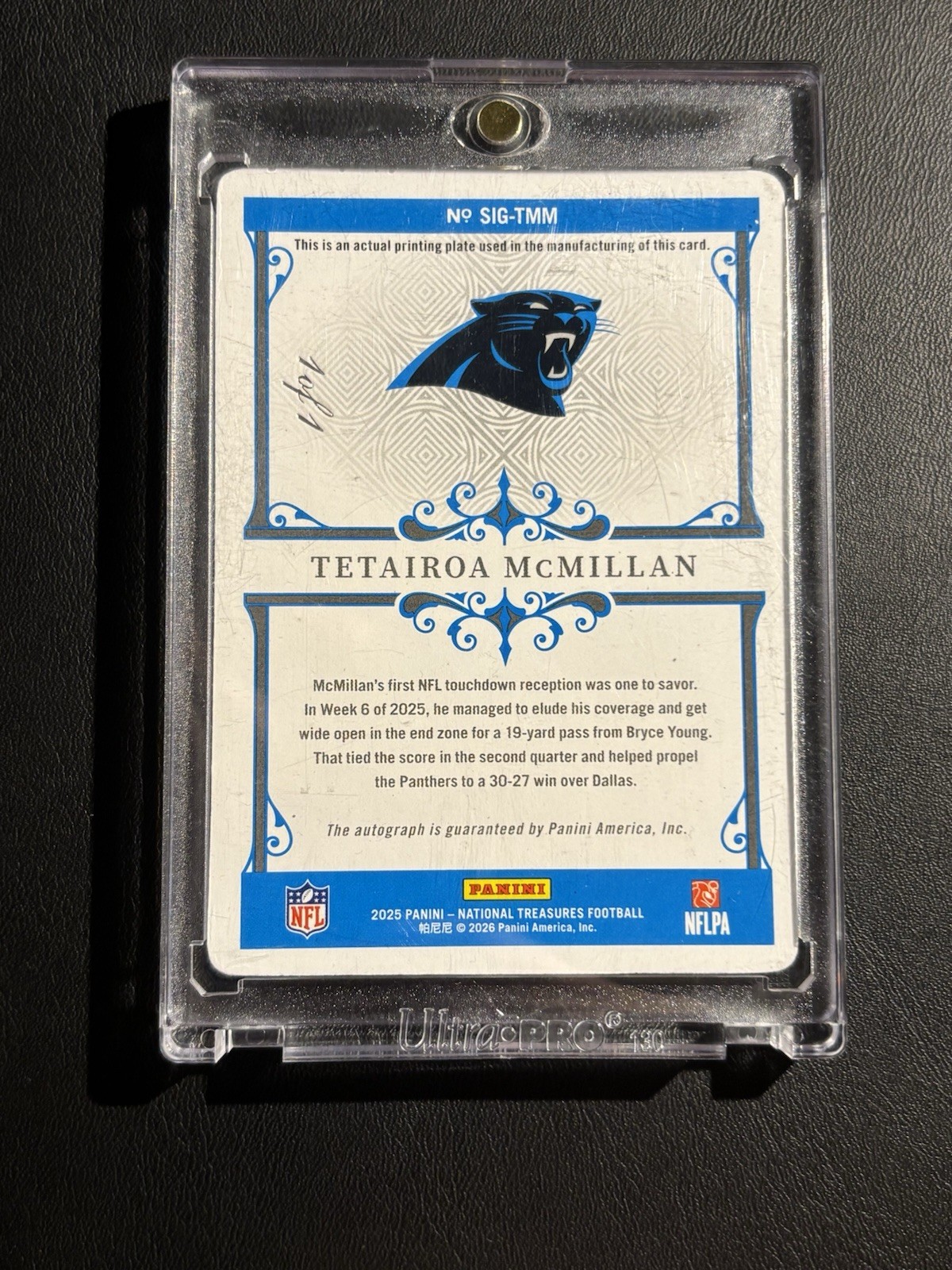 2025 Panini National Treasures Tetairoa McMillan Autograph Plate 1/1 RC Panthers view 2
