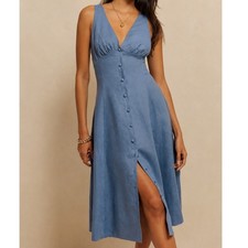 Reformation Blue Sebastien Linen Midi Dress Button Front Empire Waist Size 2P