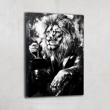 Lion Canvas Framed Black and White Art Print Cocktail Wall Art Home Bar Decor
