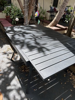 Patio Outdoor Dining Table, Slatted Metal Tabletop with Umbrella Hole 