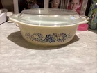 Pyrex VTG Homestead Blue Flowers 043 -1 1/2 Qt - Oval Casserole Bowl With Lid