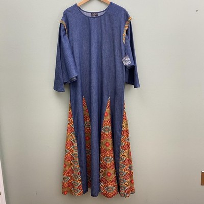 ESY Studio EY Maxi Dress Chambray Bell Sleeve Dashiki Print Womens Medium Blue