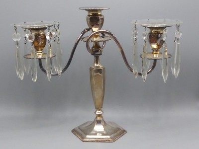 VINTAGE FORBES SILVER CO QUADRUPLE SILVER PLATE 2 ARM CANDELABRA HANGING CRYSTAL