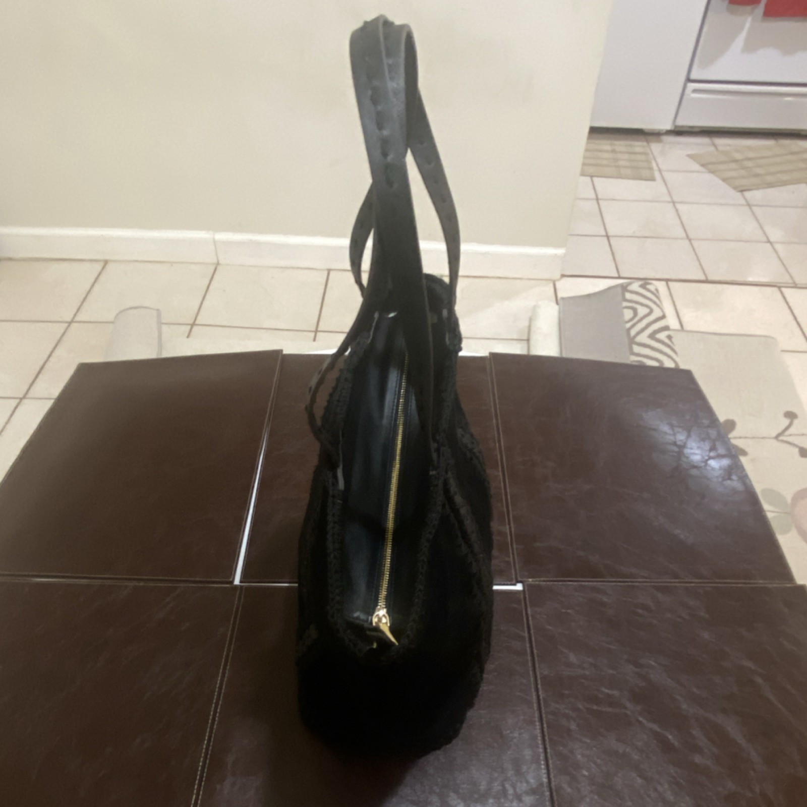 Black Women's Tote Bag Rectangle Solid Zip Gold H… - image 2