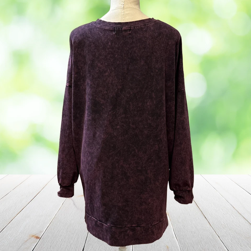 ZENANA Tunic Top Womens 2X Purple Acid Wash Vneck Side Slit Soft Knit Lagenlook - Image 2 of 4