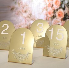 Gold Mirror Arch Wedding Table Numbers with Stands 1-15, 5x7 Acrylic Display