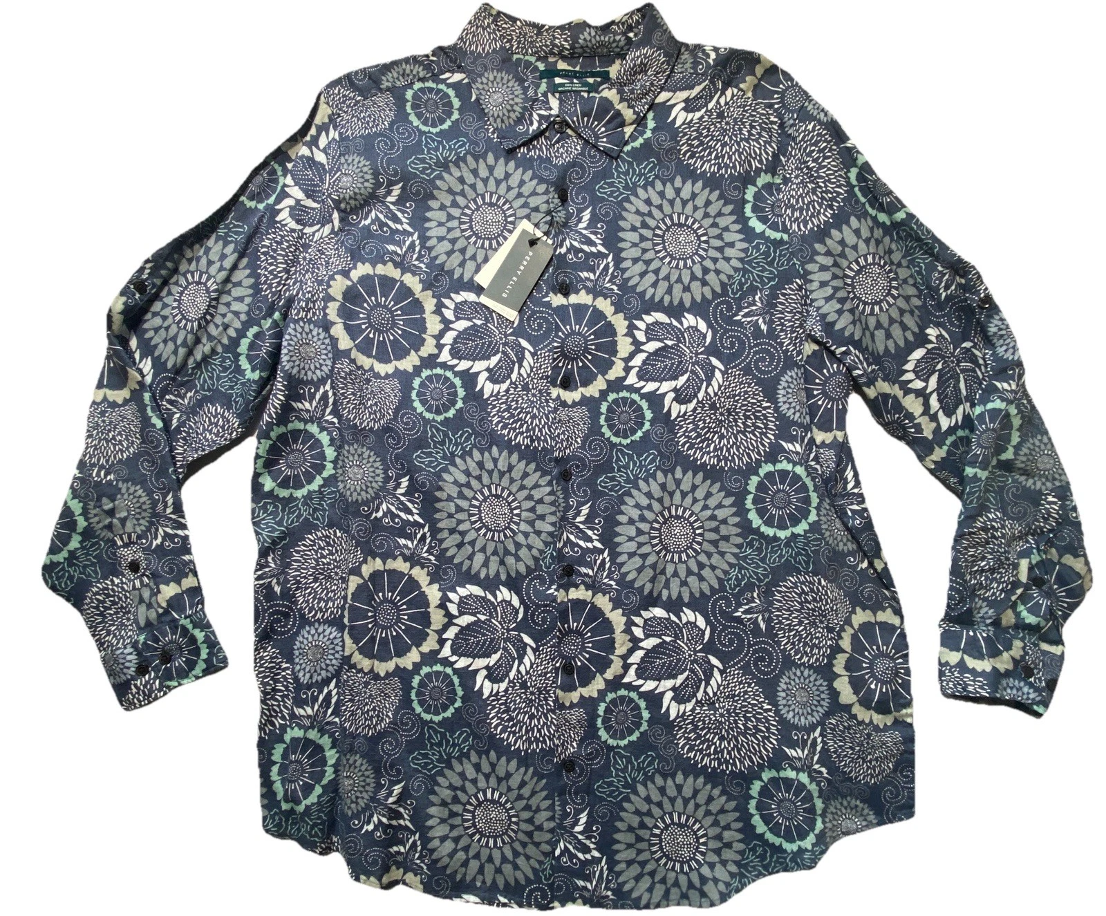 NEW 4X Big Mens Perry Ellis Long Sleeve Button Front Shirt Linen Dark Blue $100