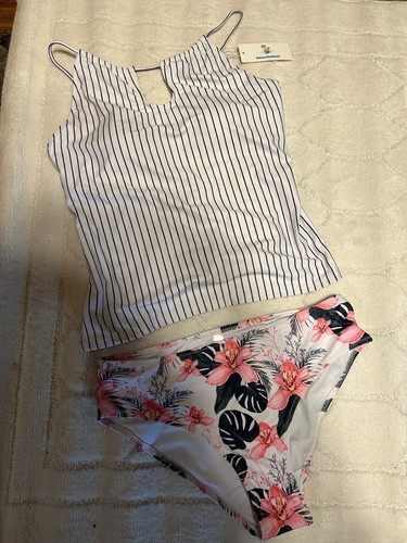 Damen Tankini weiß Streifen und Blumen Beachsissi XLarge