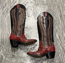 LARRY MAHAN Red Vintage Leather Western Python Snakeskin Cowboy Boots RARE