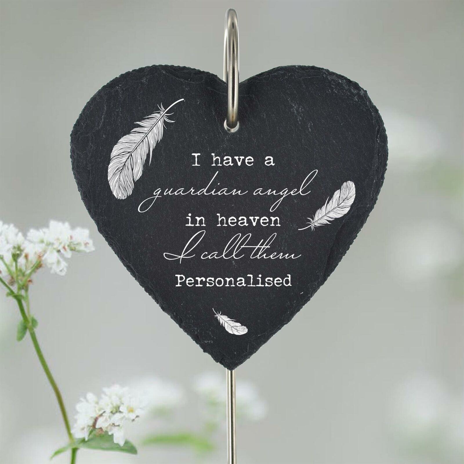 Personalised Grave Stick Plaque Guardian Angel in Heaven Feathers Slate Marker