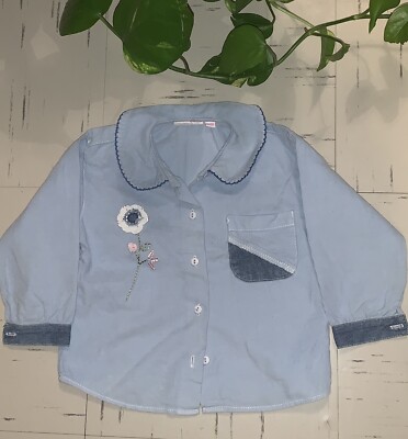Mädchen Kleinkinder Blumenmuster Langarmshirt T-Shirt Oberteil Denim Alter 18 Monate