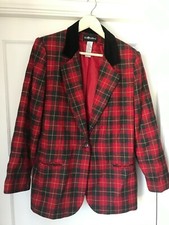 Vintage Sag Harbor Women's Red Tartan Wool Blazer Jacket Velvet Collar Size 14